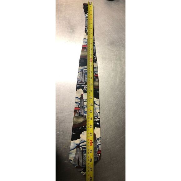 🌼5for$25🌼Beans McGee. Mens Silk Lighthouse and Boat Designer Dress Tie - Picture 6 of 8